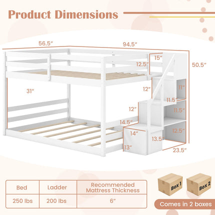 Dreamade Bunk Bed with Stairs, Solid Wood Floor Bunk Bed with Storage Staircase & Full-Length Guardrails