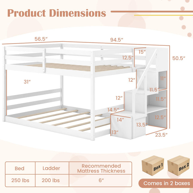 Dreamade Bunk Bed with Stairs, Solid Wood Floor Bunk Bed with Storage Staircase & Full-Length Guardrails