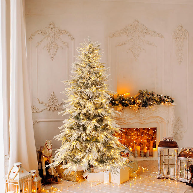 Dreamade 6FT / 7FT / 8FT Pre-Lit Snow Flocked Christmas Tree with PE & PVC Mixed Branch Tips