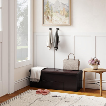 Dreamade 43 Inches Folding Storage Ottoman Bench Upholstered PU Leather Storage Chest with Side Pocket