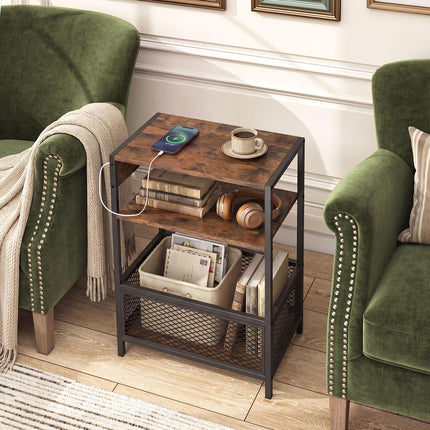 Dreamade 3-Tier End Table w/Metal Mesh Compartment & 2 AC Outlets (1/2)