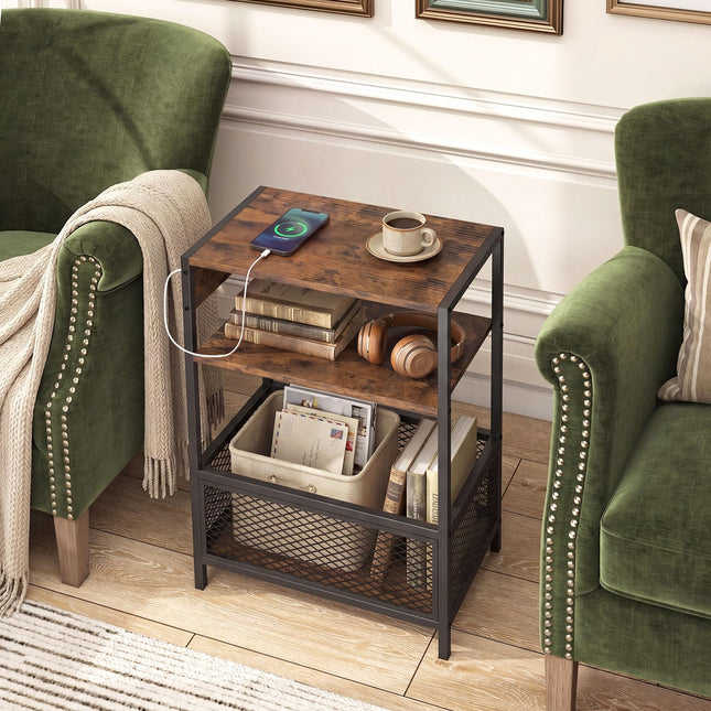 Dreamade 3-Tier End Table w/Metal Mesh Compartment & 2 AC Outlets (1/2)
