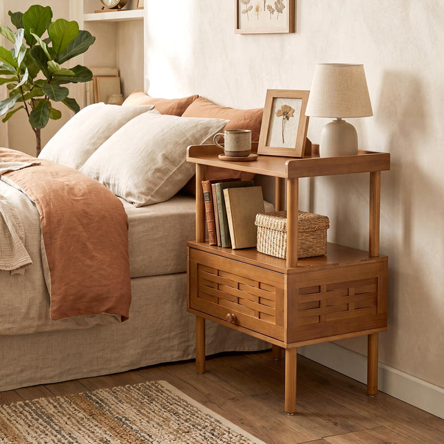 Dreamade Boho Bamboo Rattan Nightstand w/Flip-Up Door & Rasied Edge