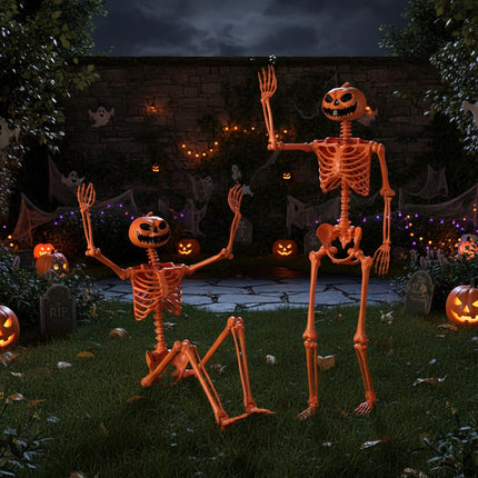 Dreamade 5.2 Ft Life-Size Posable Skeleton with Pumpkin Head Halloween Orange Skeleton Decoration