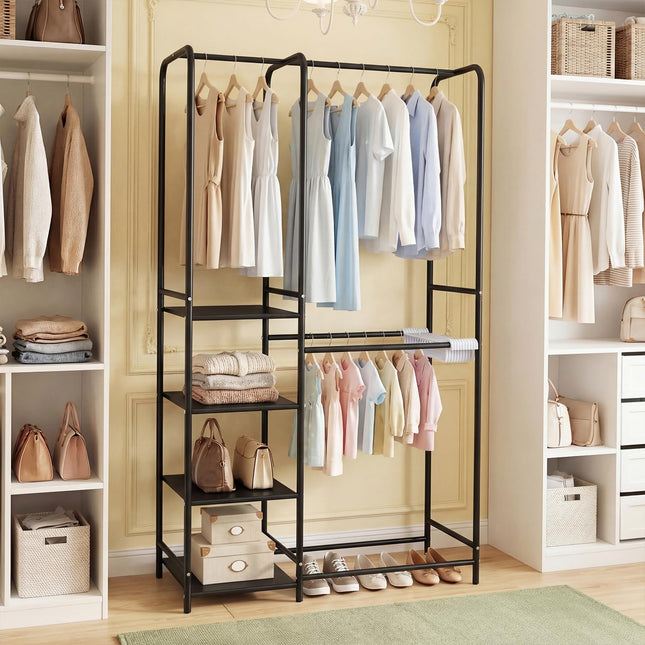 Dreamade Heavy-Duty Metal Clothing Rack with 2 Hanging Rods & 4 Storage Shelves