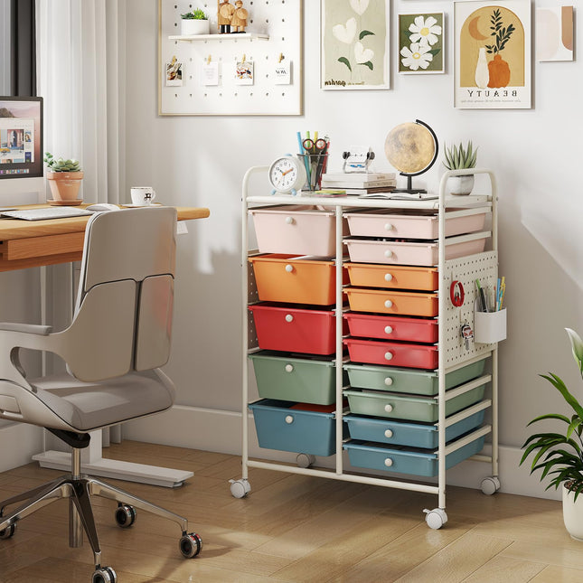Dreamade 15 Drawer Storage Cart | Rolling Craft Cart with Metal Tabletop & Pegboard