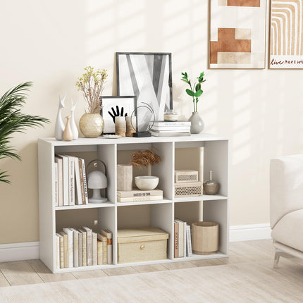 Dreamade 6-Cube Bookcase, White Cubby Bookshelf w/Back Guardrail & Anti-Tipping Kits