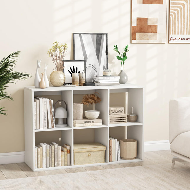 Dreamade 6-Cube Bookcase, White Cubby Bookshelf w/Back Guardrail & Anti-Tipping Kits