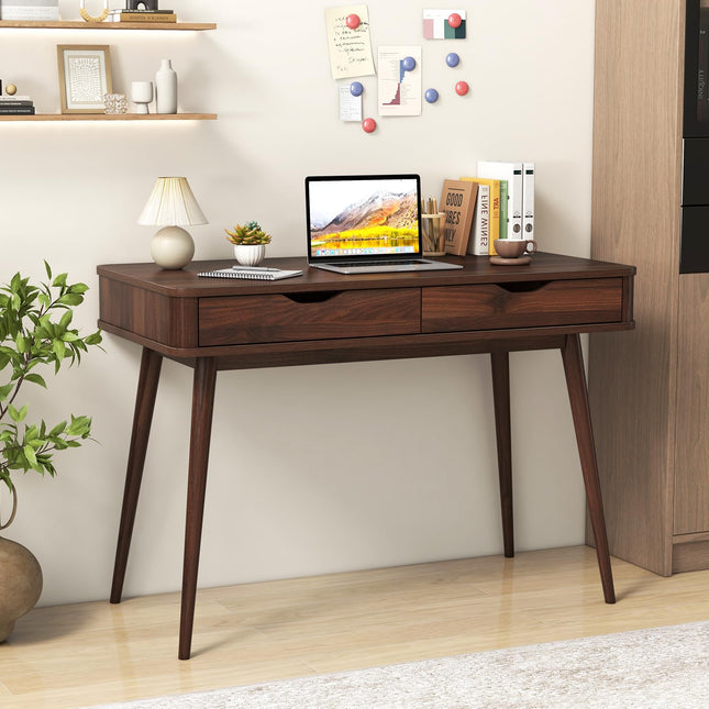 Dreamade Mid-Century Desk with 2 Drawers, 43.5" Writing Study Desk with Solid Rubber Wood Legs