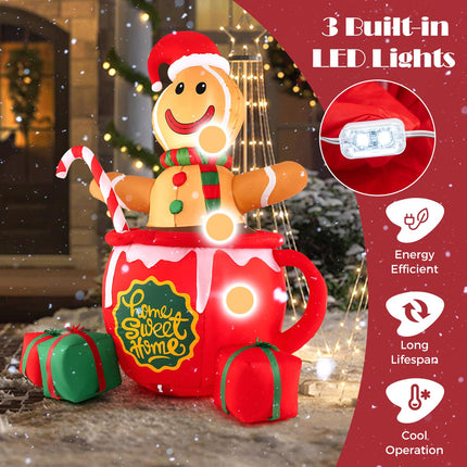 Dreamade 7 Ft Christmas Inflatable, Blow up Pre-Lit Gingerbread Man in Mug with Gift Boxes & Candy Cane