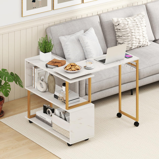 Dreamade 360° Free Rotating Sofa Side Table Modern L Shaped Desk with Storage Bookcase