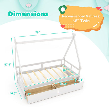 Dreamade Twin Bed with 2 Storage Drawers, Wood Montessori House Tent Bed Frame with Safety Guardrail