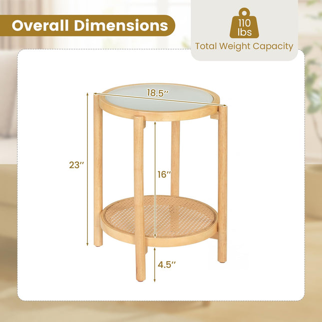 Dreamade 2-Tier Boho Rattan Round Side Table w/Tempered Glass Top (1/2)