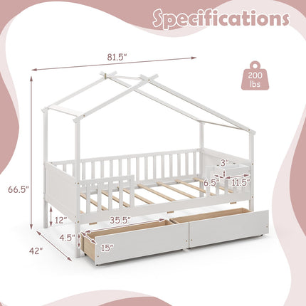 Dreamade Twin House Bed with Drawers, Wooden Twin Bed Frame with Cube Storage & Fence Rails
