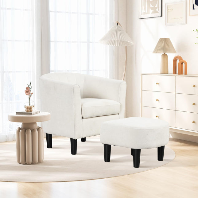 Dreamade Modern Accent Chair with Ottoman, Upholstered Teddy Velvet Barrel Club Chair w/Footrest
