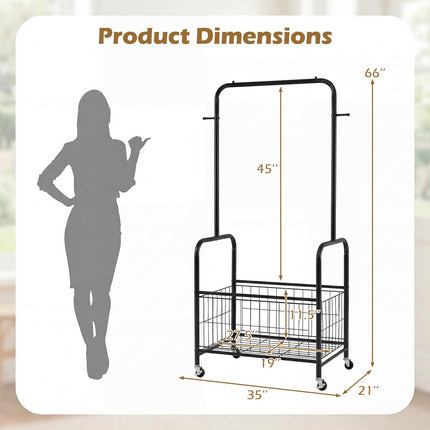 Dreamade 35" Clothes Rack with Storage Basket & Lockable Wheels