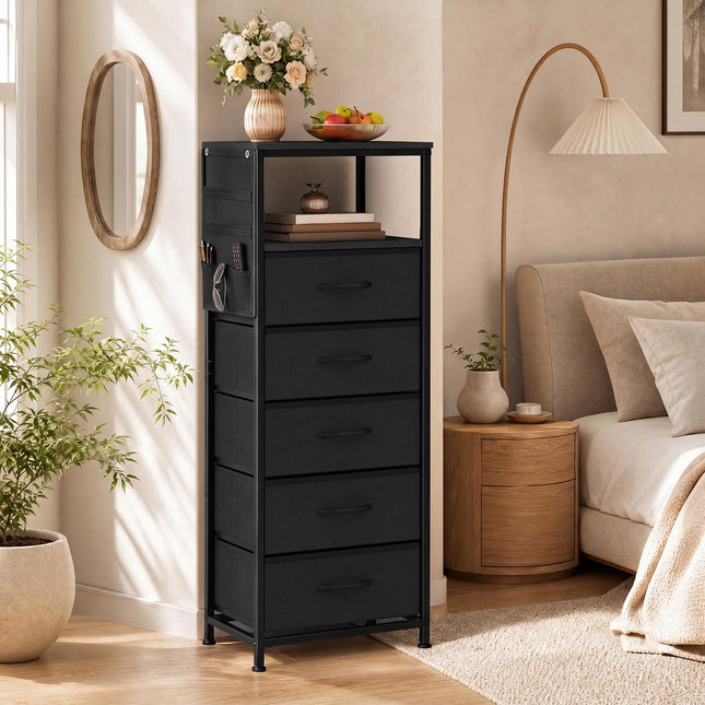 Dreamade Modern 39" Bedside Table with Integrated Charging Station & 5 Fabric Drawers (1/2)