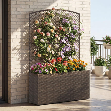 Dreamade Raised Garden Bed with Trellis | 58'' Tall PE Rattan Planter Box w/Liner & Drainage