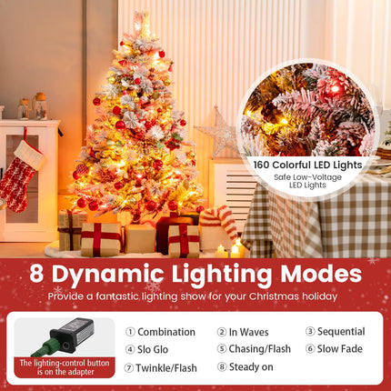 Dreamade Pre-Lit Snow Flocked Christmas Tree, Artificial Hinged Xmas Tree with 160 Multi-Color LED Lights
