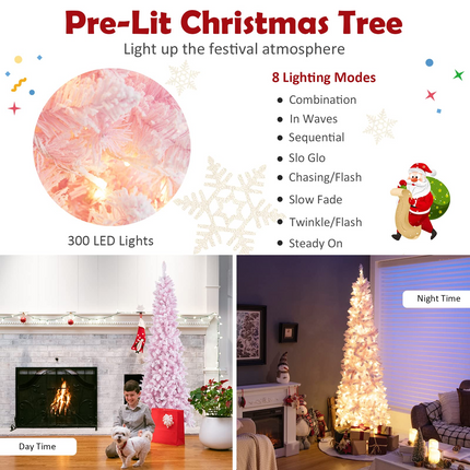Dreamade 7ft Pre-Lit Pencil Christmas Tree, Snow Flocked Artificial Slim Tree with 800 Branch Tips - DreamadeUS