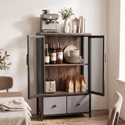 Dreamade Industrial Coffee Bar Cabinet with Adjustable Shelves & 2 Removable Cloth Drawers