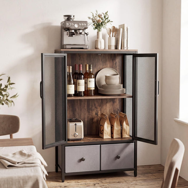Dreamade Industrial Coffee Bar Cabinet with Adjustable Shelves & 2 Removable Cloth Drawers