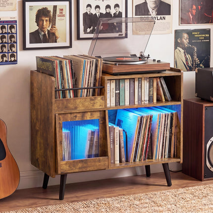 Dreamade Large Record Player Stand with LED Light& Sliding Door