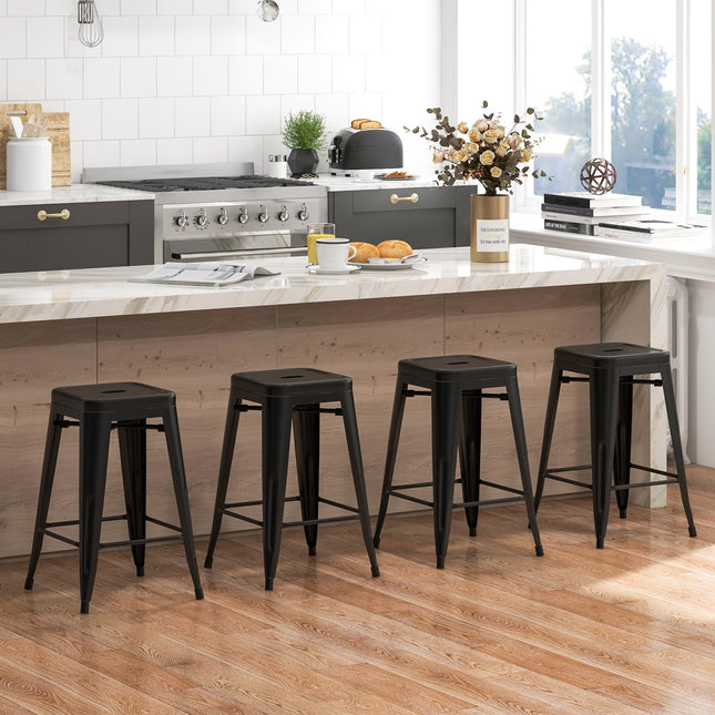 Dreamade Metal Backless Bar Stools Set of 4, 24" Industrial Counter Height Bar Stools w/Cut-Out Handle, Footrest