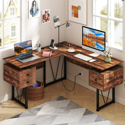 Dreamade L Shaped Desk with Drawers, 59” Large Computer Desk with Power Outlet