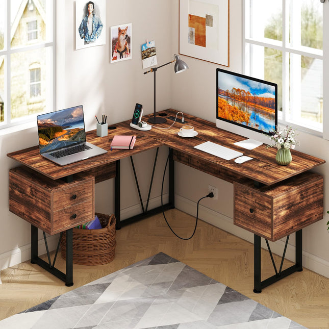Dreamade L Shaped Desk with Drawers, 59” Large Computer Desk with Power Outlet