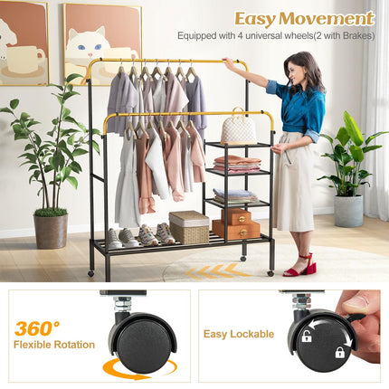Dreamade Double Rods Garment Rack with Wheels, Clothing Rack w/ 2 Hanging Height Adjustable Rods, Side Mesh Racks