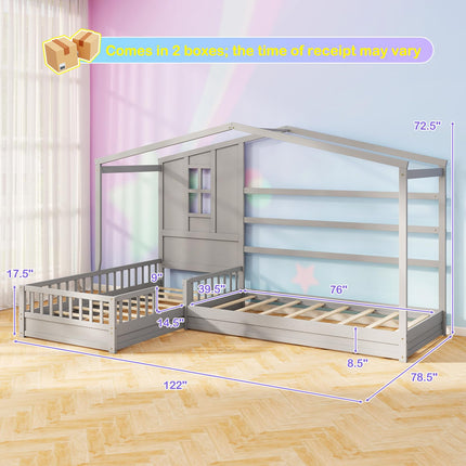 Dreamade Double Twin Beds for Kids, House L-Shaped Platform Beds with Window & Fences