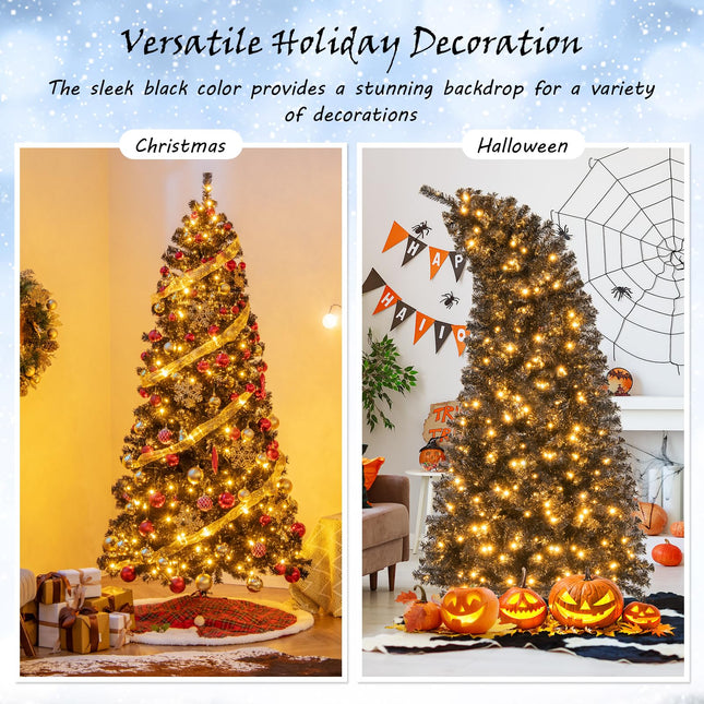 Dreamade 7 FT Artificial Halloween Tree, Pre-Lit Black Christmas Tree with Bendable Top Section
