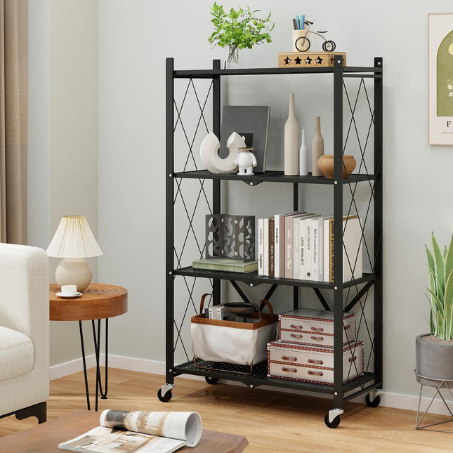 Dreamade 4-Tier Foldable Storage Shelf, Collapsible Shelving Unit Display with Lockable Wheels