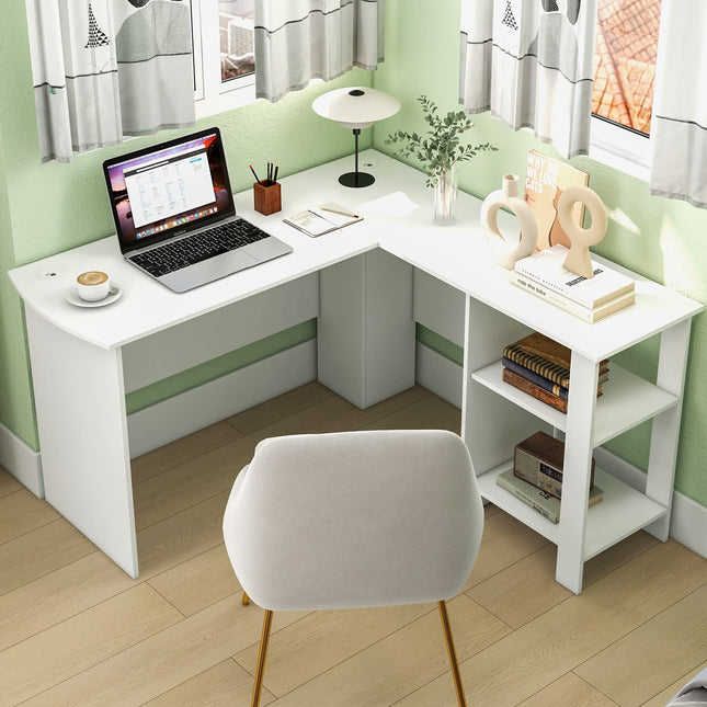 Dreamade L Shaped Computer Desk, 51" Large Corner Desk with 2 Cable Holes & 2 Storage Shelves, White
