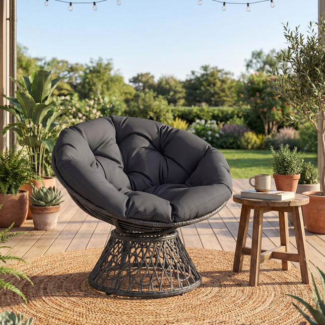 Dreamade 360° Swivel Papasan Chair | Round Wicker Lounge Chair with Thick Cushion and Metal Frame