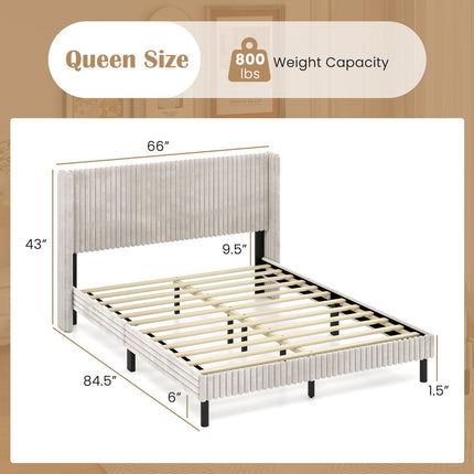 Dreamade Queen Velvet Bed Frame Upholstered Platform Bed with Vertical Tufted Wingback Headboard