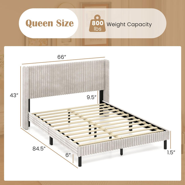 Dreamade Queen Velvet Bed Frame Upholstered Platform Bed with Vertical Tufted Wingback Headboard