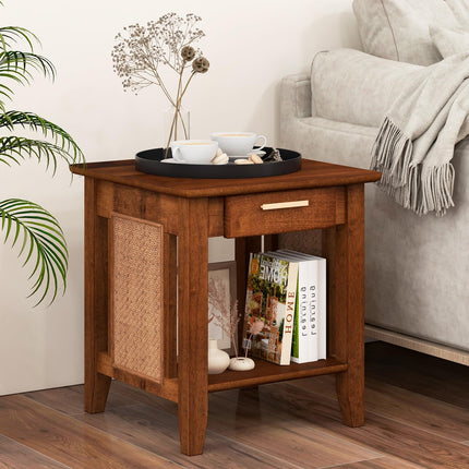 Dreamade Rattan Nightstand with Drawer, Mid Century End Table with Storage Shelf, Sofa Side Table with Solid Rubber Wood Legs