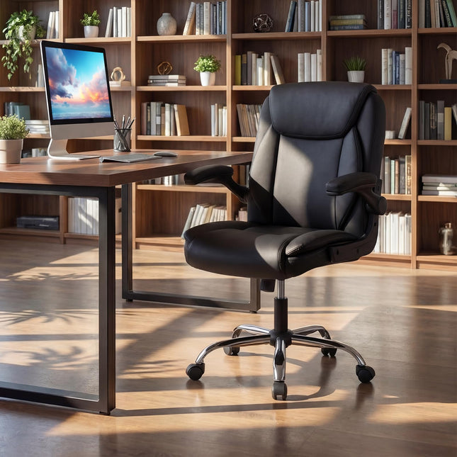 Dreamade Leather Office Chair | Ergonomic Computer Desk Chair with Flip-up Arms