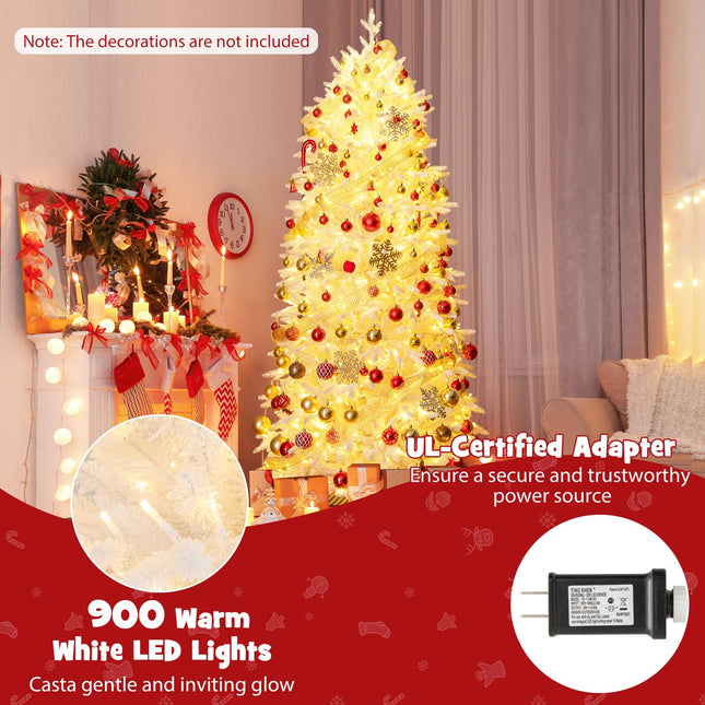 Dreamade 7ft Pre-Lit White Christmas Tree with Wheels & 900 Warm White LED Lights
