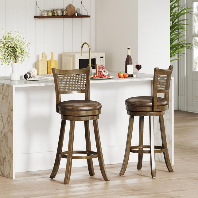 Dreamade 30" Bar Height Bar Chairs with PE Rattan Backrest Upholstered Leathaire Barstools