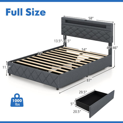 Dreamade Queen/Full Size Bed Frame with Storage Headboard and 4 Drawers, Modern Upholstered Platform Bed with Charging Station