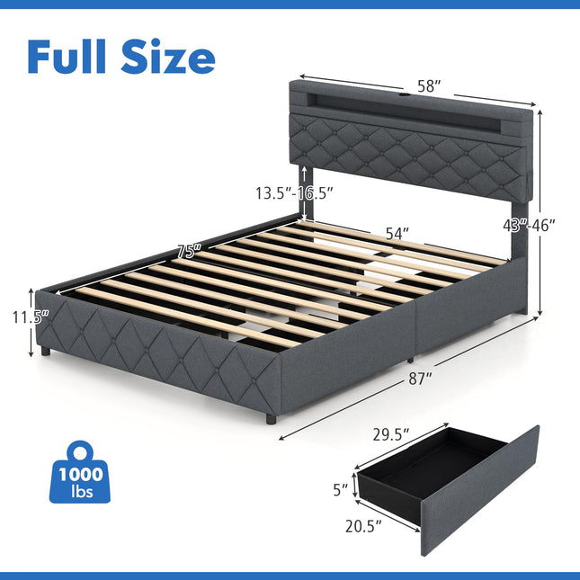 Dreamade Queen/Full Size Bed Frame with Storage Headboard and 4 Drawers, Modern Upholstered Platform Bed with Charging Station