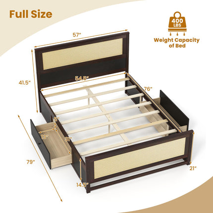 Dreamade Full/Twin Size Rattan Bed Frame with 2 Storage Drawers