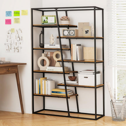 Dreamade 7-Tier Industrial Bookshelf, Heavy-Duty Staggered Bookcase, Freestanding Display Storage Rack