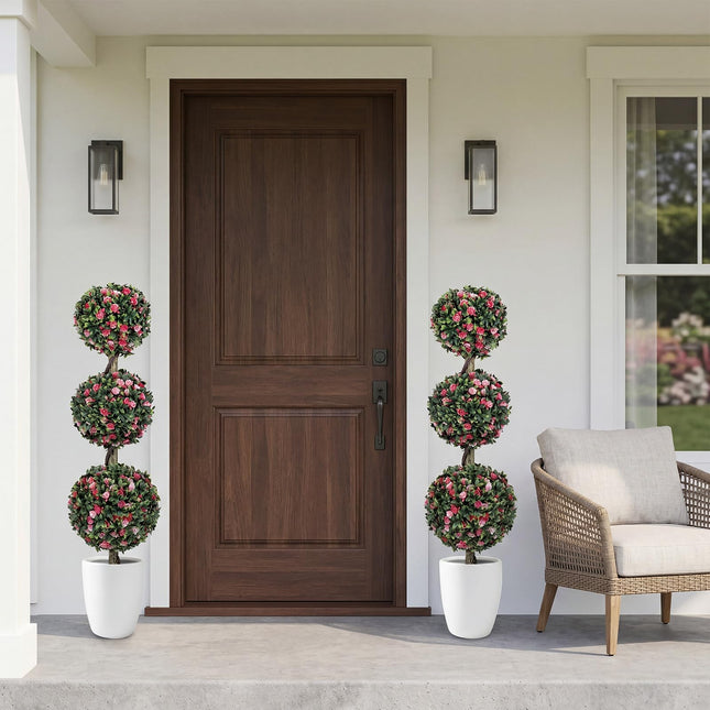 Dreamade 43.5" Faux Potted Floral Plant Artificial Triple Ball Rose Topiary Tree ( 1/2 pack )