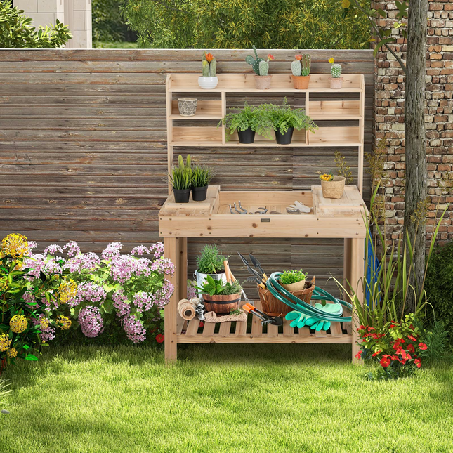 Dreamade Garden Potting Bench Table, Large Workbench Table with Shelves, 43.5"x19.5"x 60.5"