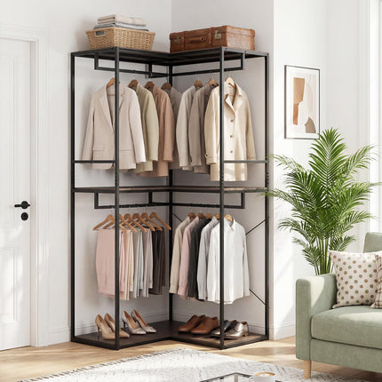Dreamade Heavy Duty Clothes Rack | 3-Tier L-Shaped Garment Rack w/3 Open Shelves & 2 Hanging Racks