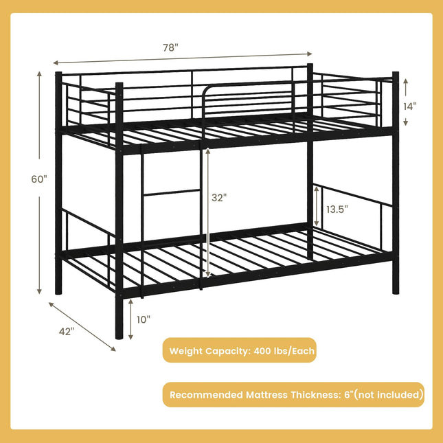 Dreamade Bunk Bed Twin Over Twin, Metal Bunk Bed Frame w/Built-in Ladder, Safety Guardrail